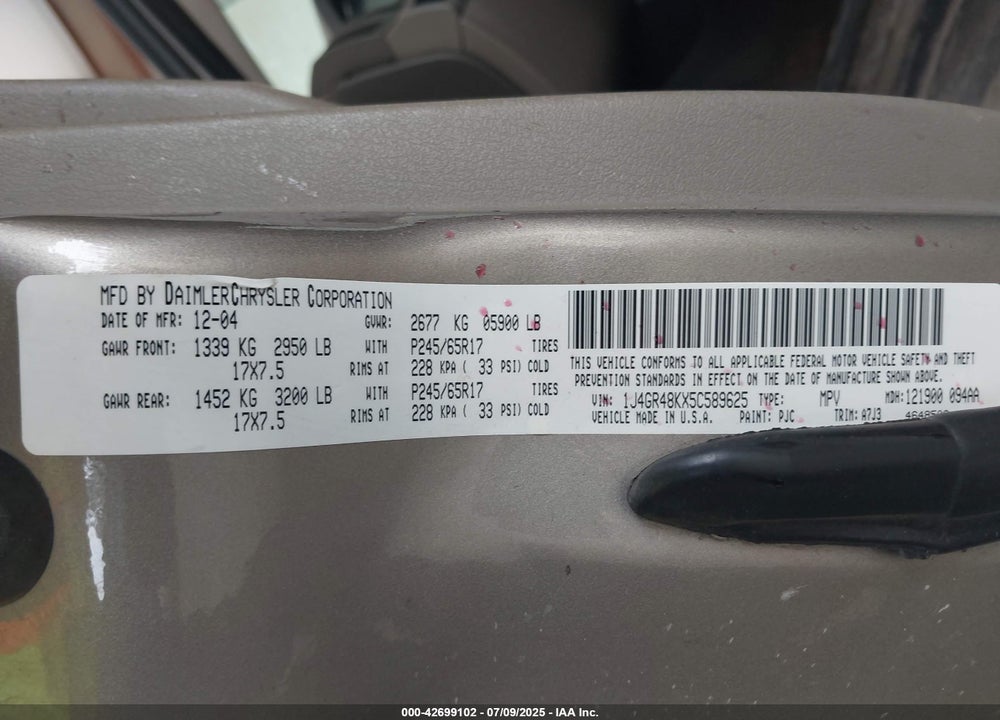 2005 JEEP GRAND CHEROKEE LAREDO VIN: 1J4GR48KX5C589625