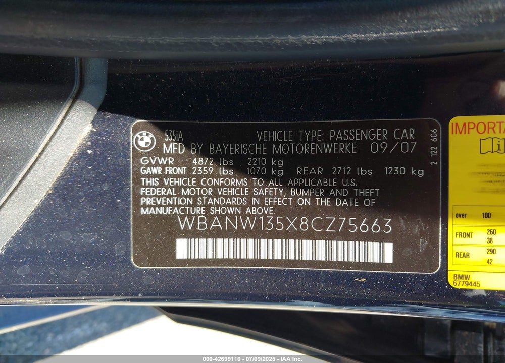 2008 BMW 535I VIN: WBANW135X8CZ75663
