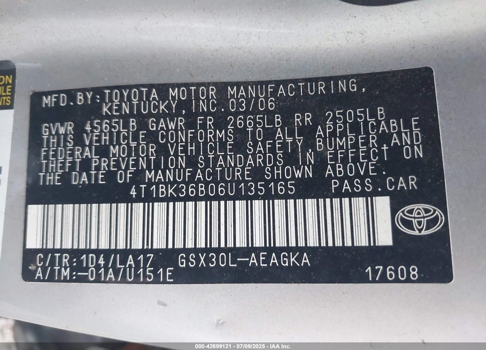2006 TOYOTA AVALON XLS VIN: 4T1BK36B06U135165