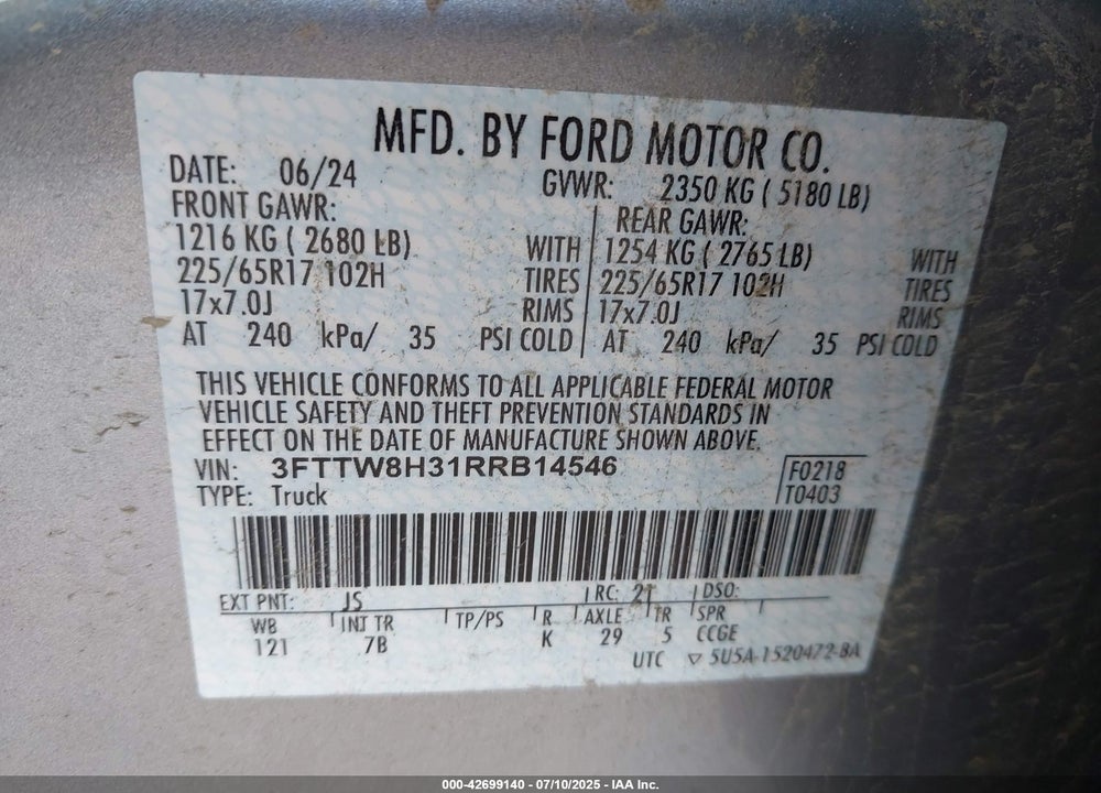 2024 FORD MAVERICK VIN: 3FTTW8H31RRB14546