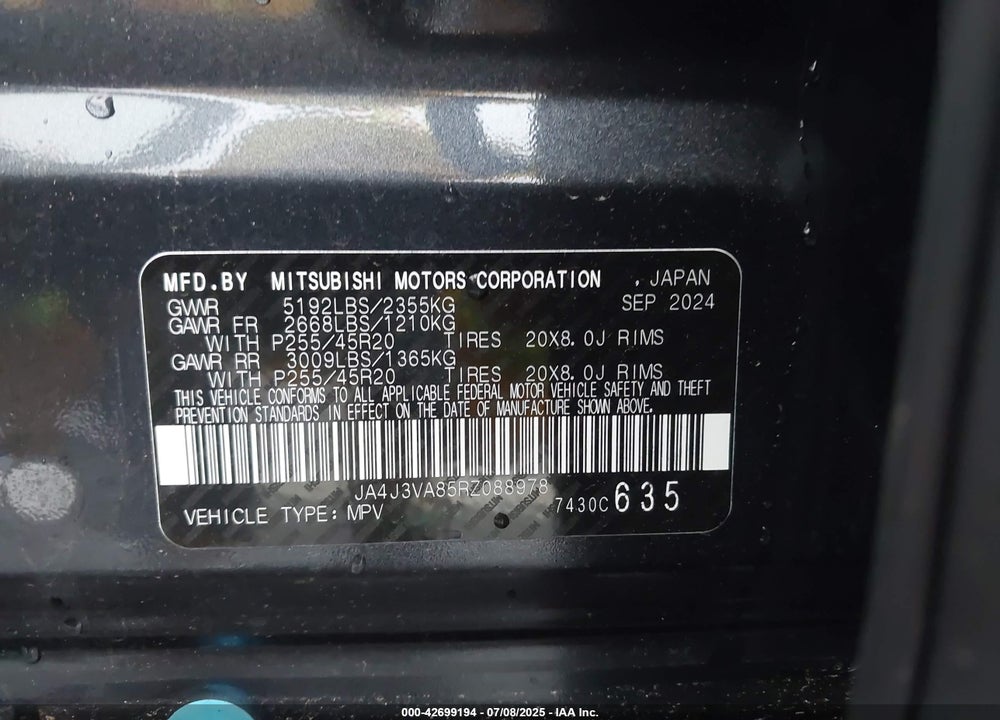 2024 MITSUBISHI OUTLANDER SE 2.5 2WD/SE BLACK EDITION S-AWC/SE BLACK EDITION W/PANO ROOF S-AWC VIN: JA4J3VA85RZ088978