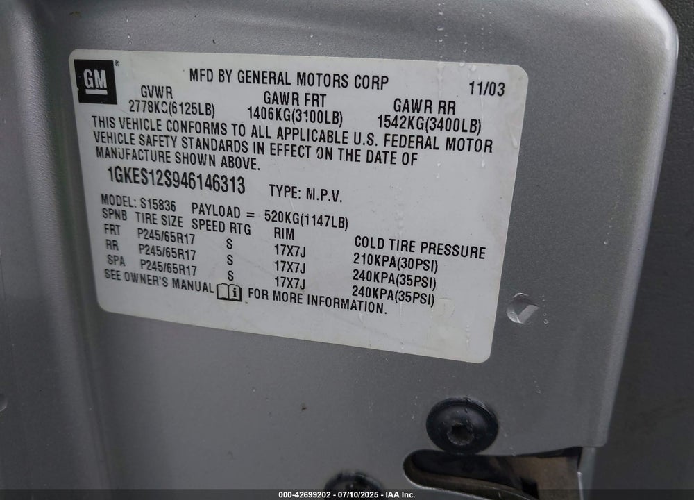 2004 GMC ENVOY XUV SLE VIN: 1GKES12S946146313