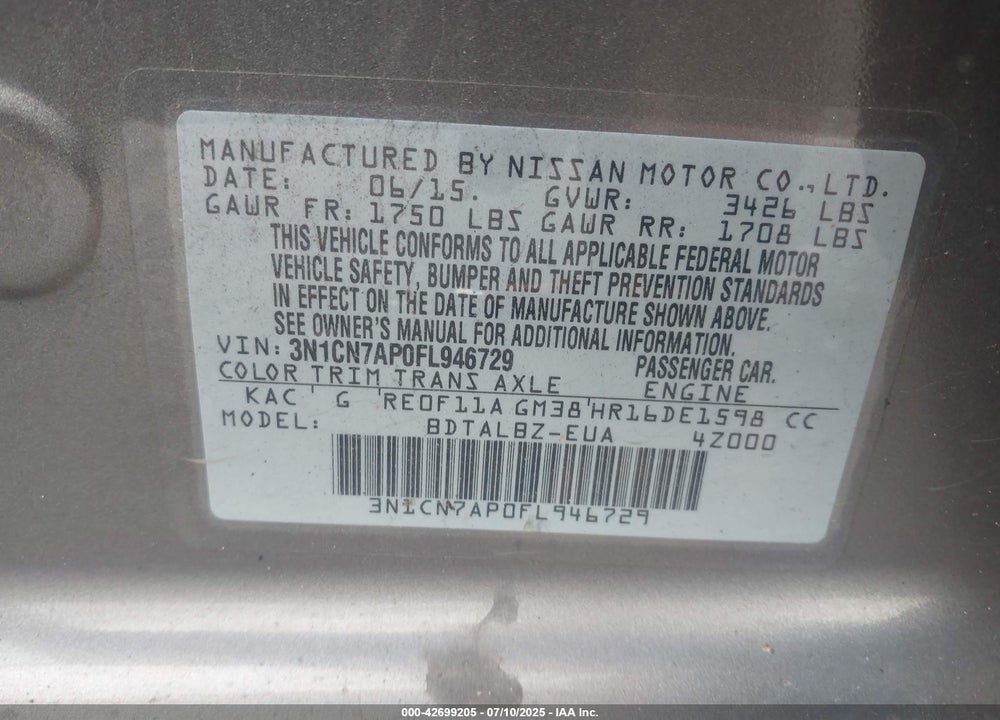 2015 NISSAN VERSA VIN: 3N1CN7AP0FL946729