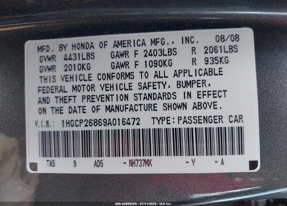 2009 HONDA ACCORD VIN: 1HGCP26869A016472