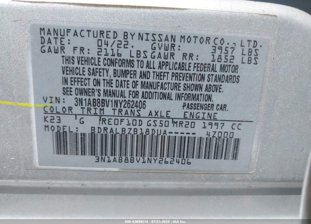 2022 NISSAN SENTRA VIN: 3N1AB8BV1NY262406