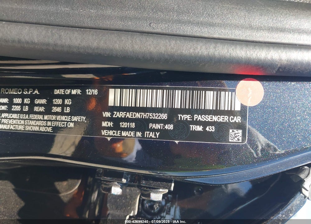 2017 ALFA ROMEO GIULIA VIN: ZARFAEDN7H7532266