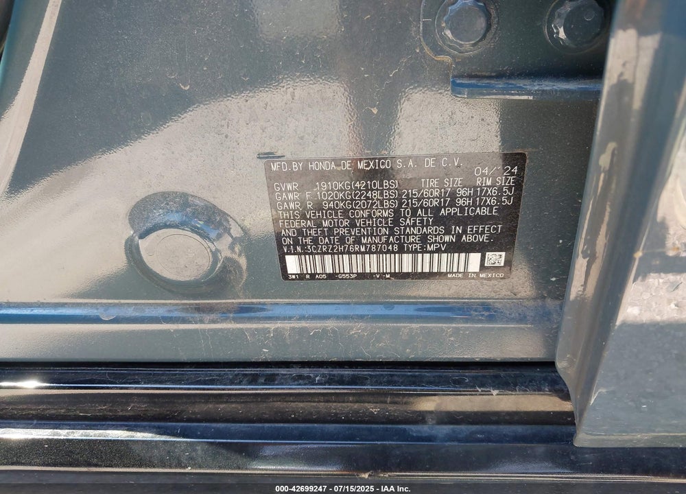 2024 HONDA HR-V VIN: 3CZRZ2H76RM787048