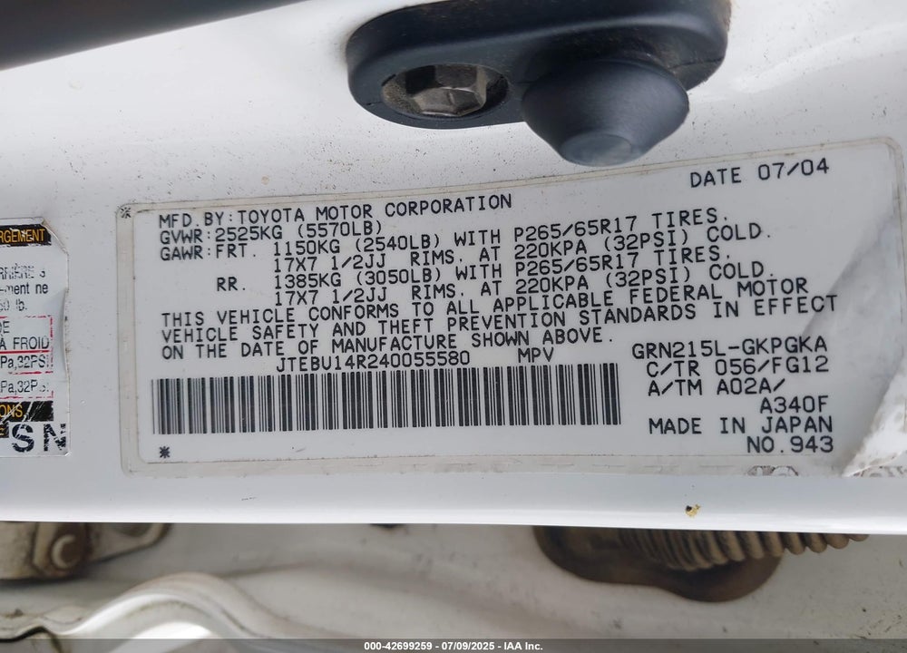 2004 TOYOTA 4RUNNER SR5 V6 VIN: JTEBU14R240055580