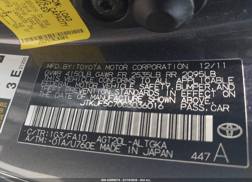 2012 SCION TC VIN: JTKJF5C70C3036016