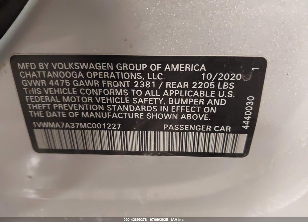 2021 VOLKSWAGEN PASSAT VIN: 1VWMA7A37MC001227