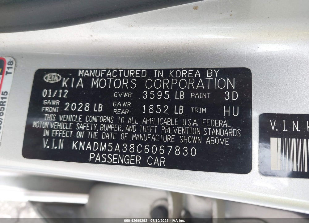 2012 KIA RIO5 VIN: KNADM5A38C6067830