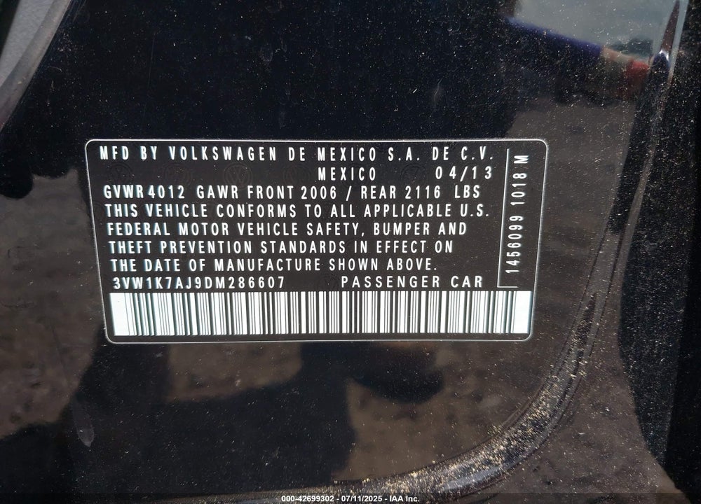 2013 VOLKSWAGEN JETTA VIN: 3VW1K7AJ9DM286607
