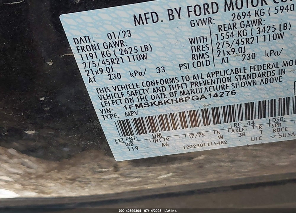 2023 FORD EXPLORER VIN: 1FMSK8KH8PGA14276