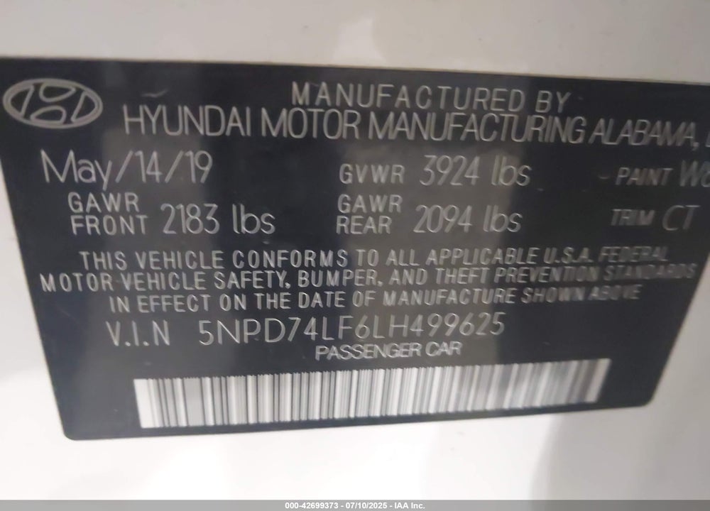 2020 HYUNDAI ELANTRA SE VIN: 5NPD74LF6LH499625