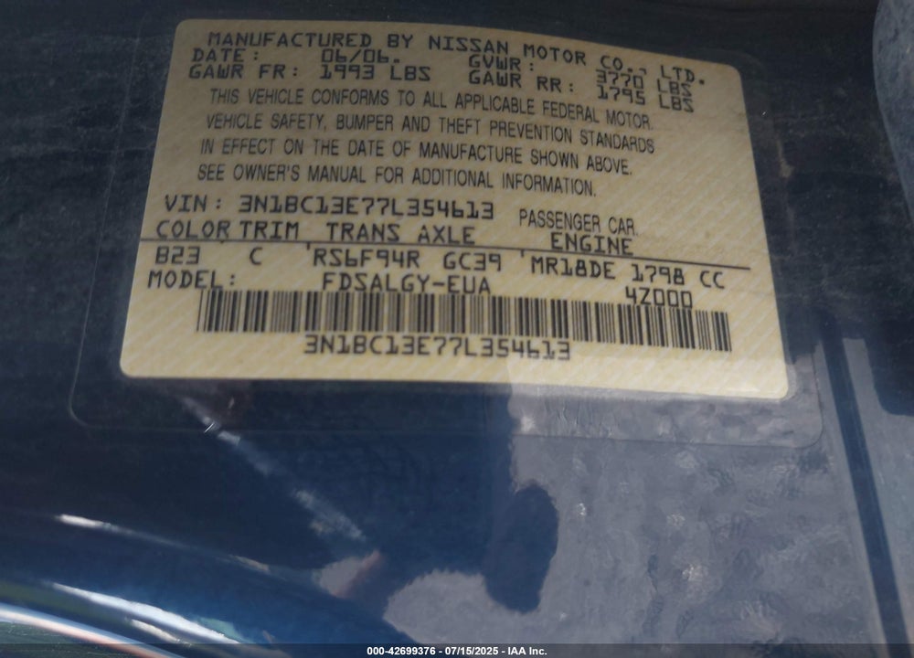 2007 NISSAN VERSA VIN: 3N1BC13E77L354613