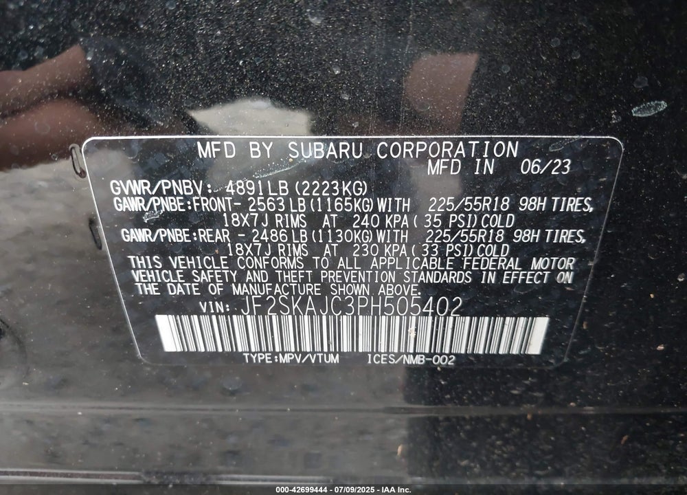 2023 SUBARU FORESTER VIN: JF2SKAJC3PH505402