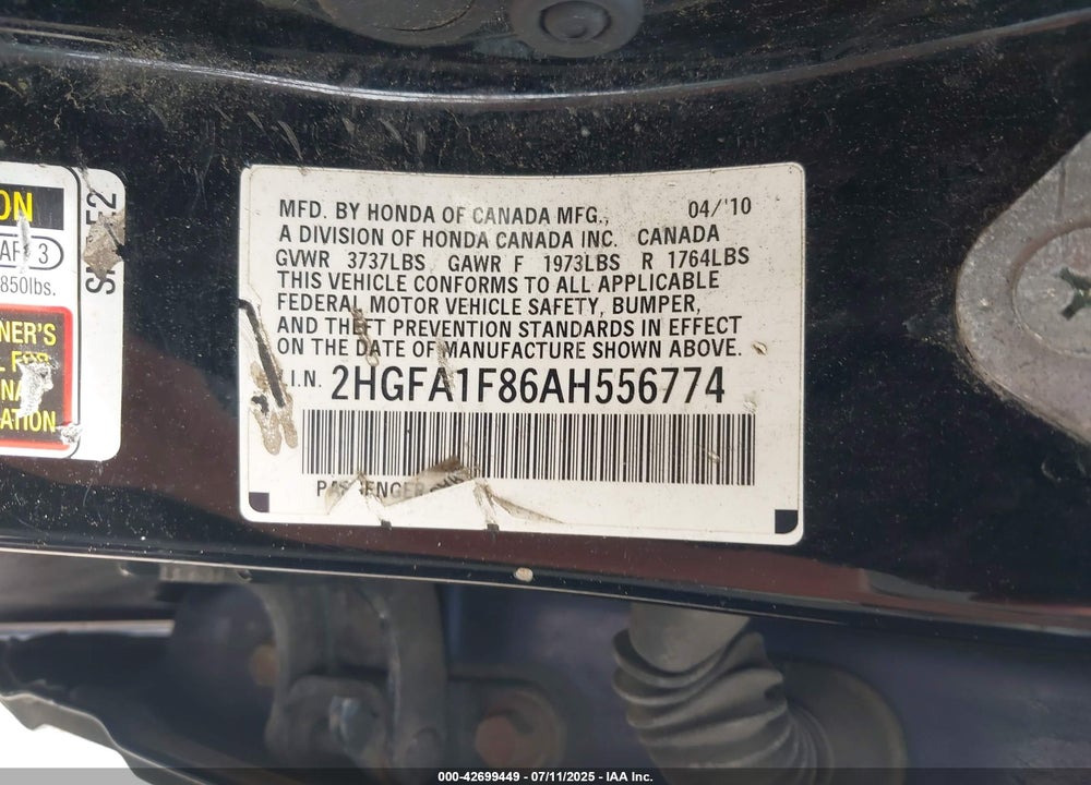 2010 HONDA CIVIC VIN: 2HGFA1F86AH556774