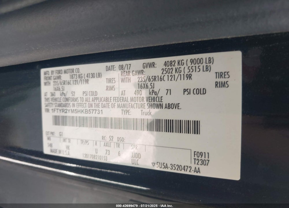 2017 FORD TRANSIT-250 VIN: 1FTYR2YM5HKB57731