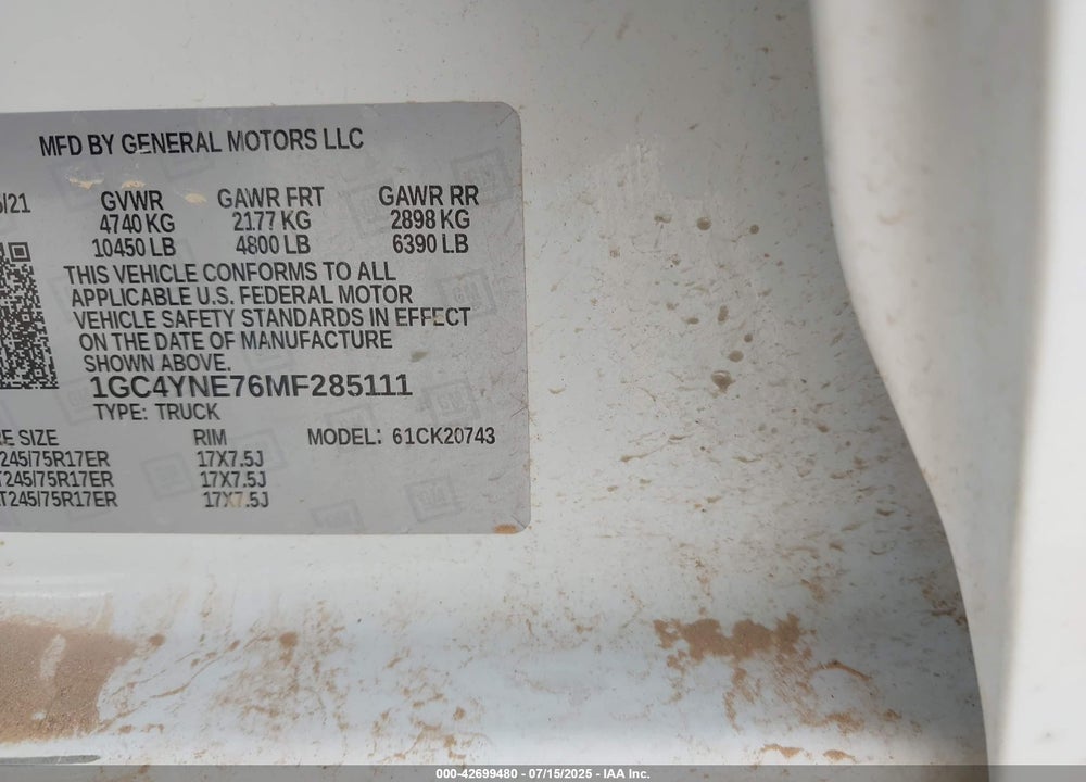 2021 CHEVROLET SILVERADO 2500HD 4WD STANDARD BED LT VIN: 1GC4YNE76MF285111