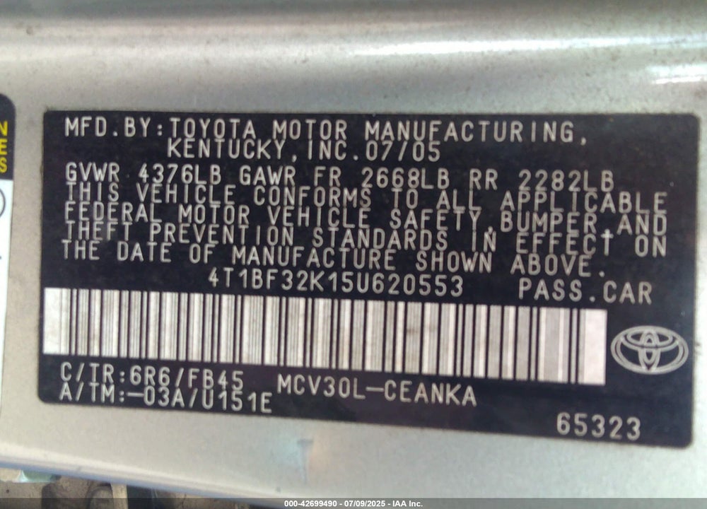 2005 TOYOTA CAMRY LE V6 VIN: 4T1BF32K15U620553