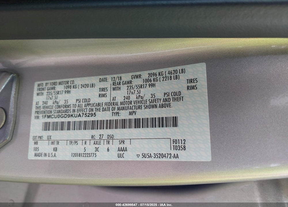 2019 FORD ESCAPE VIN: 1FMCU0GD9KUA75295