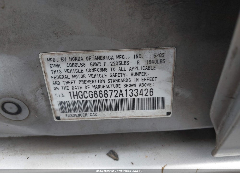 2002 HONDA ACCORD VIN: 1HGCG66872A133426