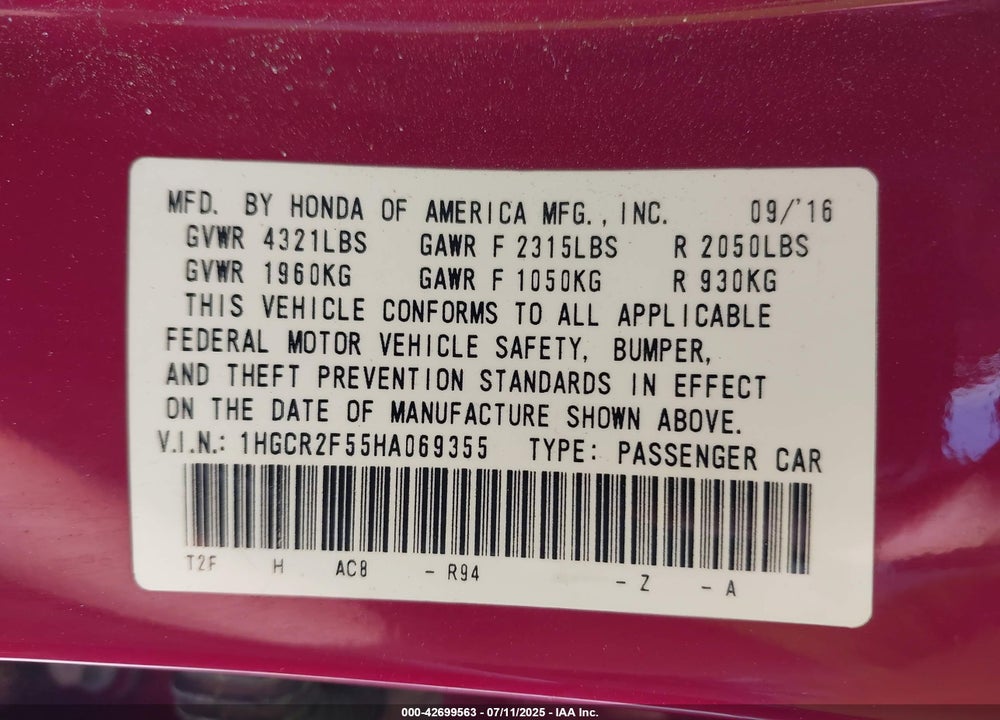 2017 HONDA ACCORD SPORT VIN: 1HGCR2F55HA069355
