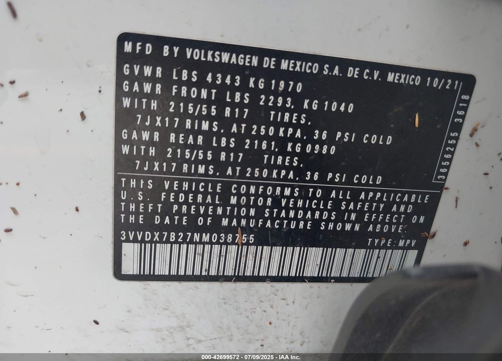 2022 VOLKSWAGEN TAOS VIN: 3VVDX7B27NM038755