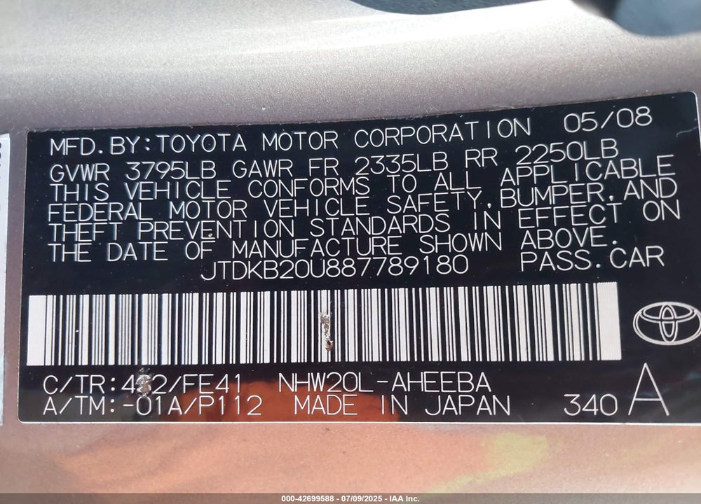 2008 TOYOTA PRIUS VIN: JTDKB20U887789180