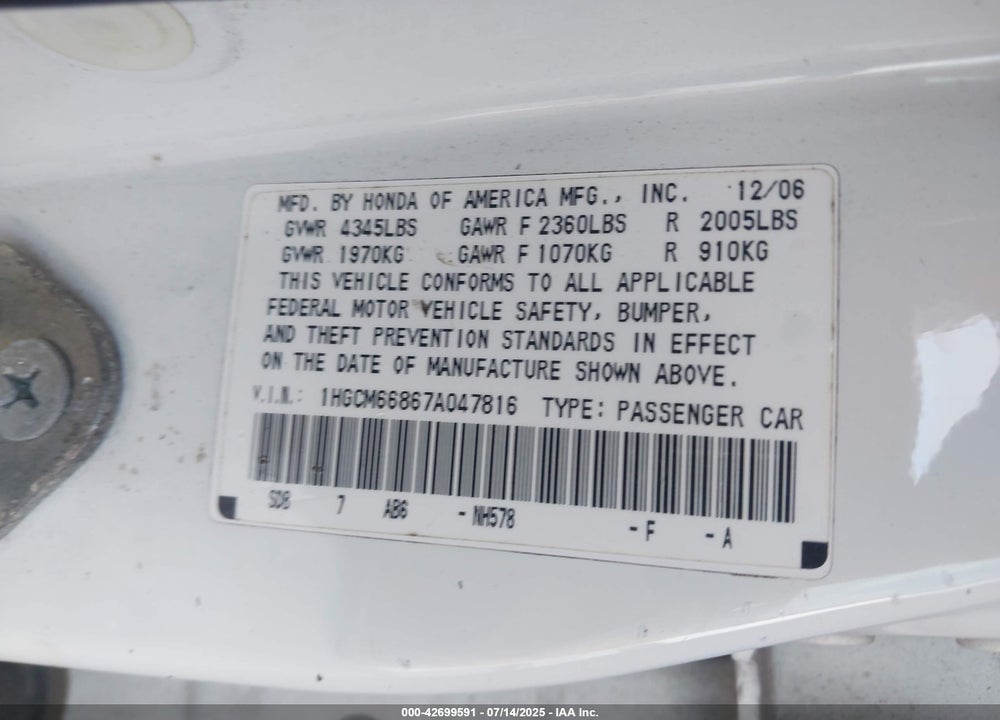 2007 HONDA ACCORD VIN: 1HGCM66867A047816