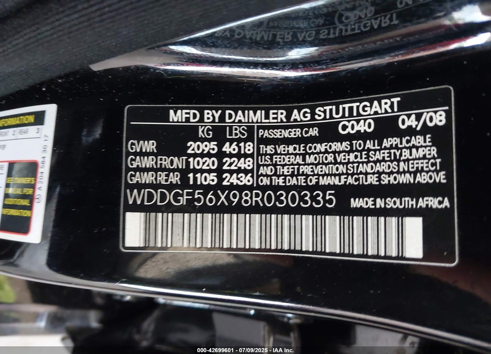 2008 MERCEDES-BENZ C CLASS VIN: WDDGF56X98R030335