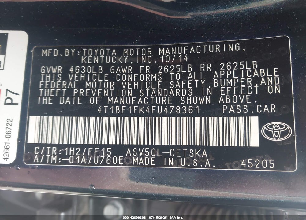 2015 TOYOTA CAMRY VIN: 4T1BF1FK4FU478361