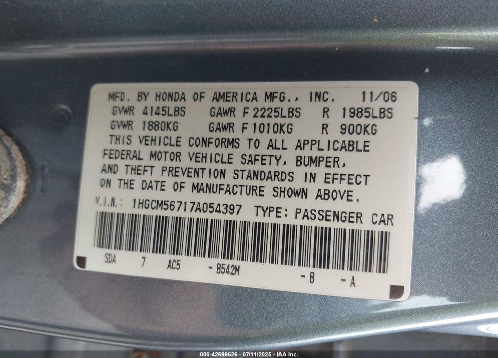 2007 HONDA ACCORD 2.4 EX VIN: 1HGCM56717A054397