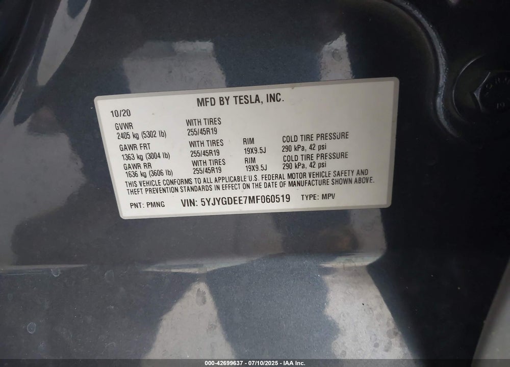 2021 TESLA MODEL Y VIN: 5YJYGDEE7MF060519