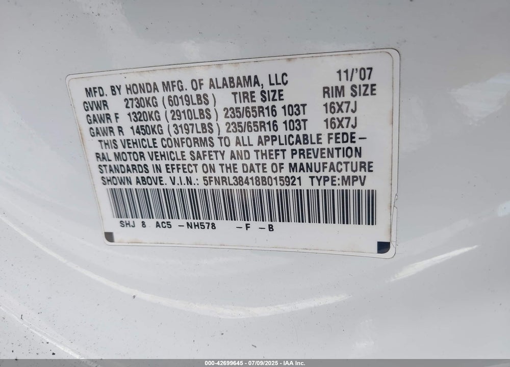 2008 HONDA ODYSSEY VIN: 5FNRL38418B015921