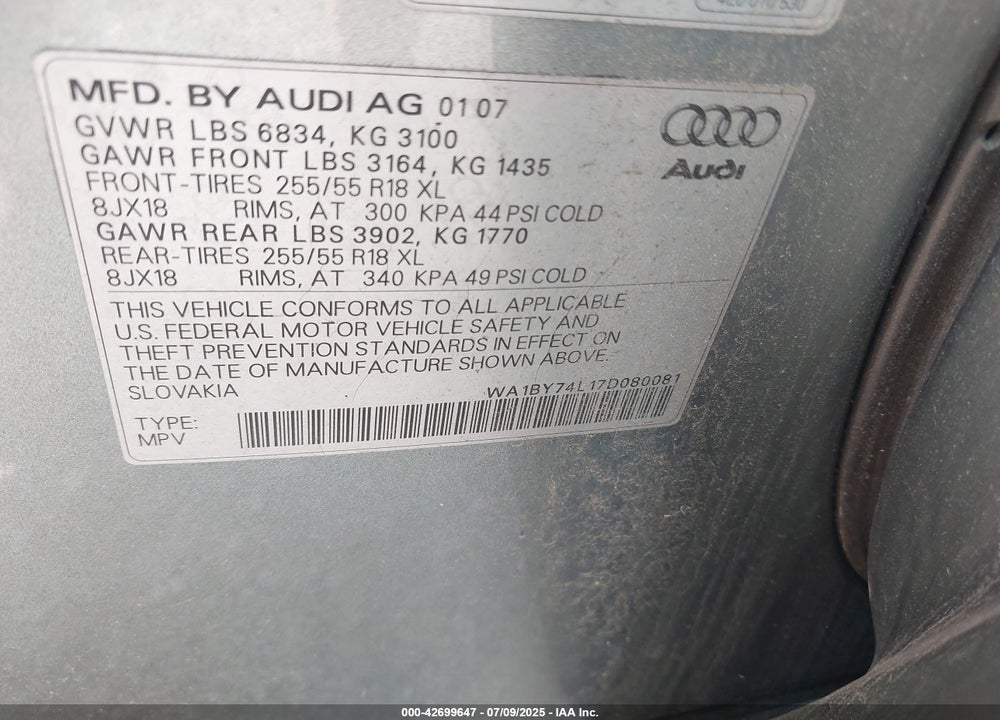 2007 AUDI Q7 VIN: WA1BY74L17D080081