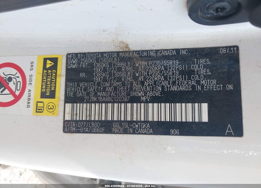 2011 LEXUS RX 350 VIN: 2T2BK1BA8BC120387
