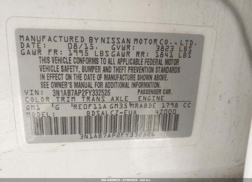 2015 NISSAN SENTRA VIN: 3N1AB7AP2FY332526