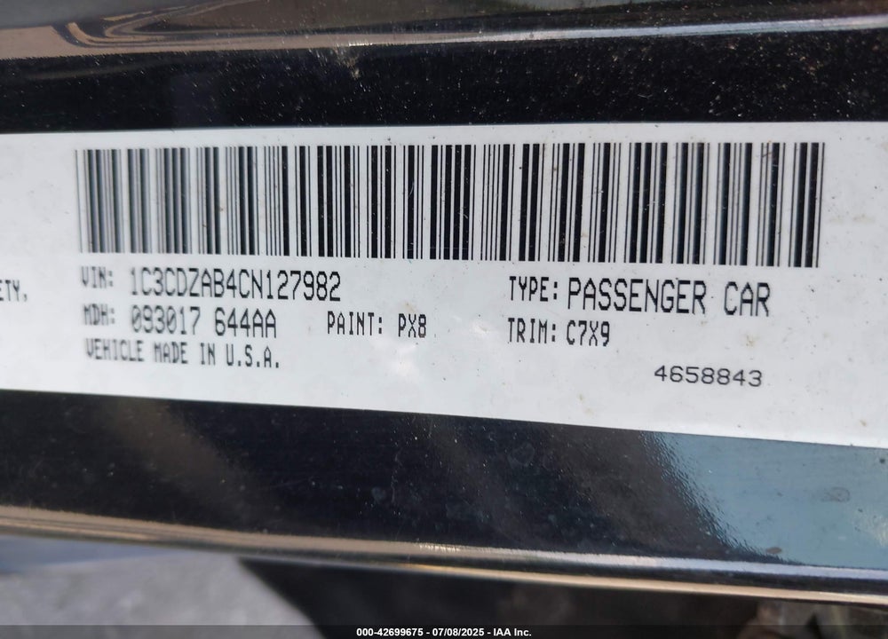 2012 DODGE AVENGER VIN: 1C3CDZAB4CN127982
