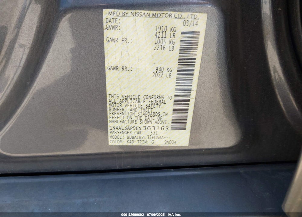 2014 NISSAN ALTIMA VIN: 1N4AL3AP9EN363163