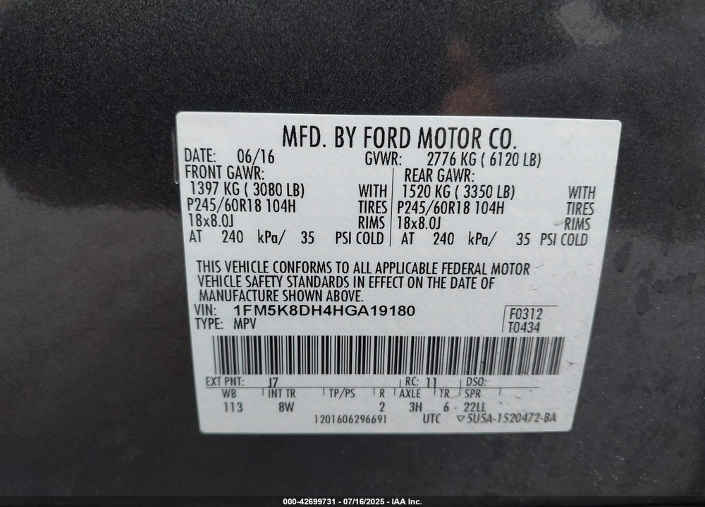 2017 FORD EXPLORER XLT VIN: 1FM5K8DH4HGA19180