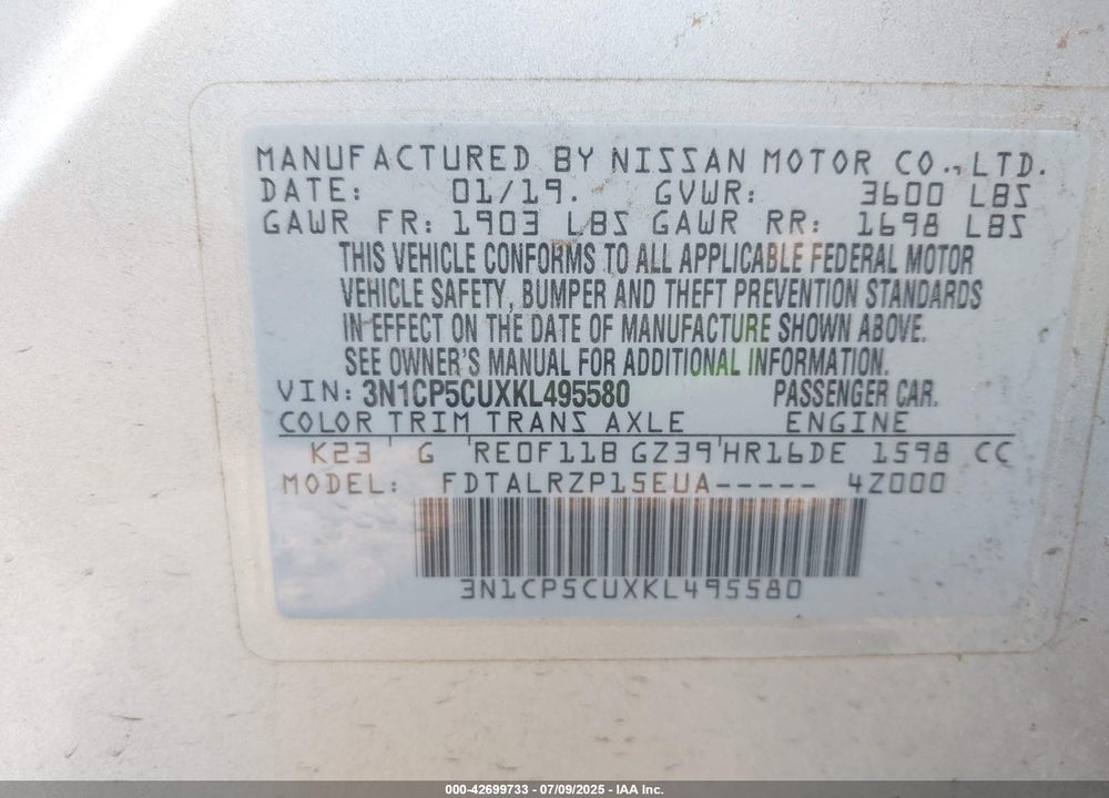 2019 NISSAN KICKS VIN: 3N1CP5CUXKL495580