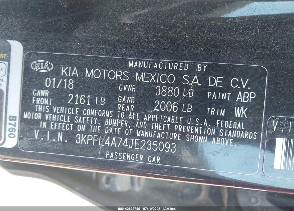 2018 KIA FORTE VIN: 3KPFL4A74JE235093