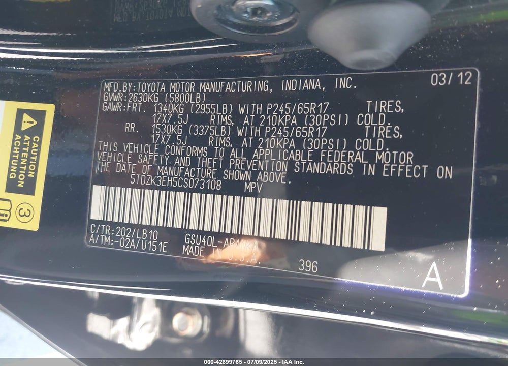 2012 TOYOTA HIGHLANDER VIN: 5TDZK3EH5CS073108