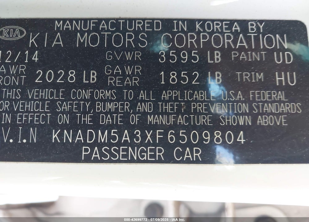 2015 KIA RIO VIN: KNADM5A3XF6509804