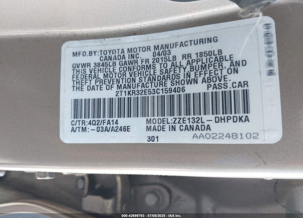 2003 TOYOTA MATRIX STANDARD VIN: 2T1KR32E53C159406