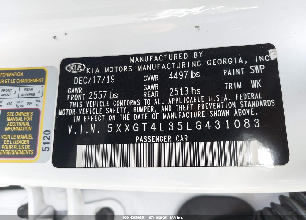 2020 KIA OPTIMA VIN: 5XXGT4L35LG431083