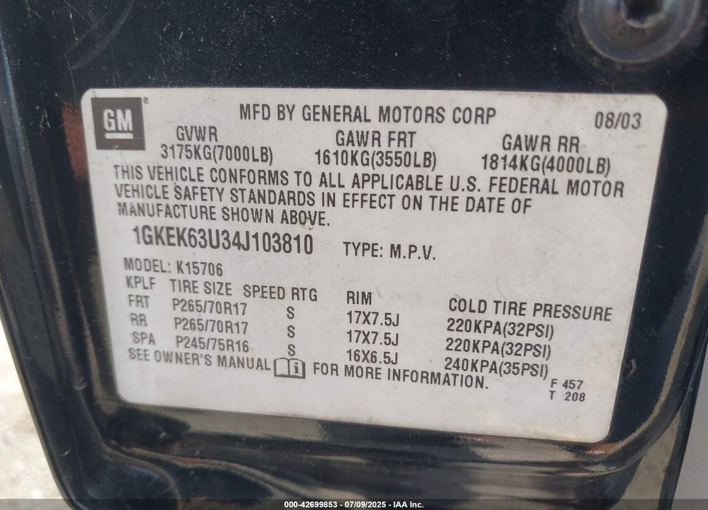 2004 GMC YUKON DENALI VIN: 1GKEK63U34J103810