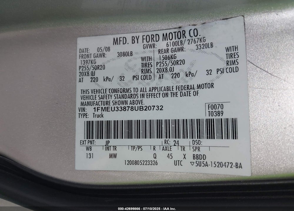 2008 FORD EXPLORER SPORT TRAC VIN: 1FMEU33878UB20732