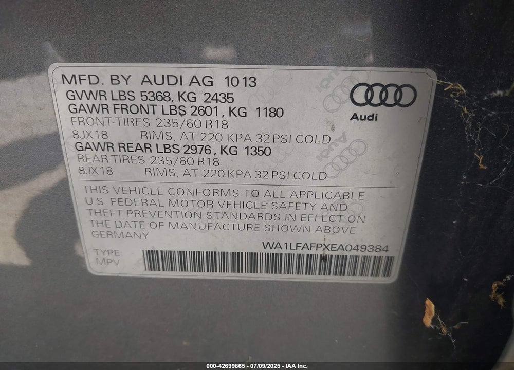 2014 AUDI Q5 2.0T PREMIUM VIN: WA1LFAFPXEA049384